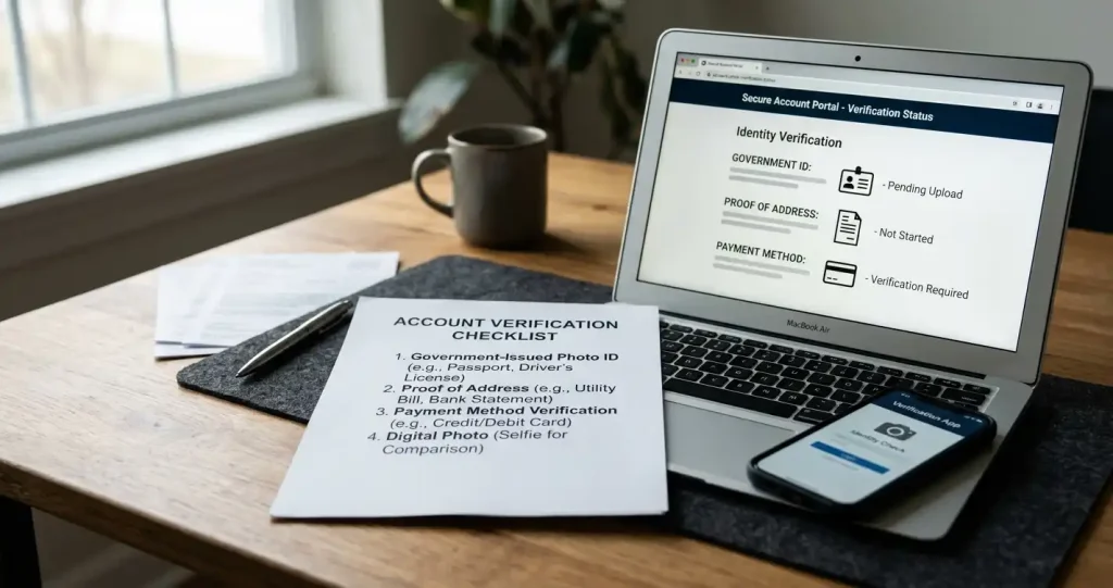 Identity checklist beside a phone and account settings screen with neutral document icons