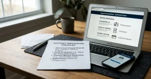 Identity checklist beside a phone and account settings screen with neutral document icons