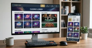 Desktop and mobile screens showing varied slot tiles and a live table game scene