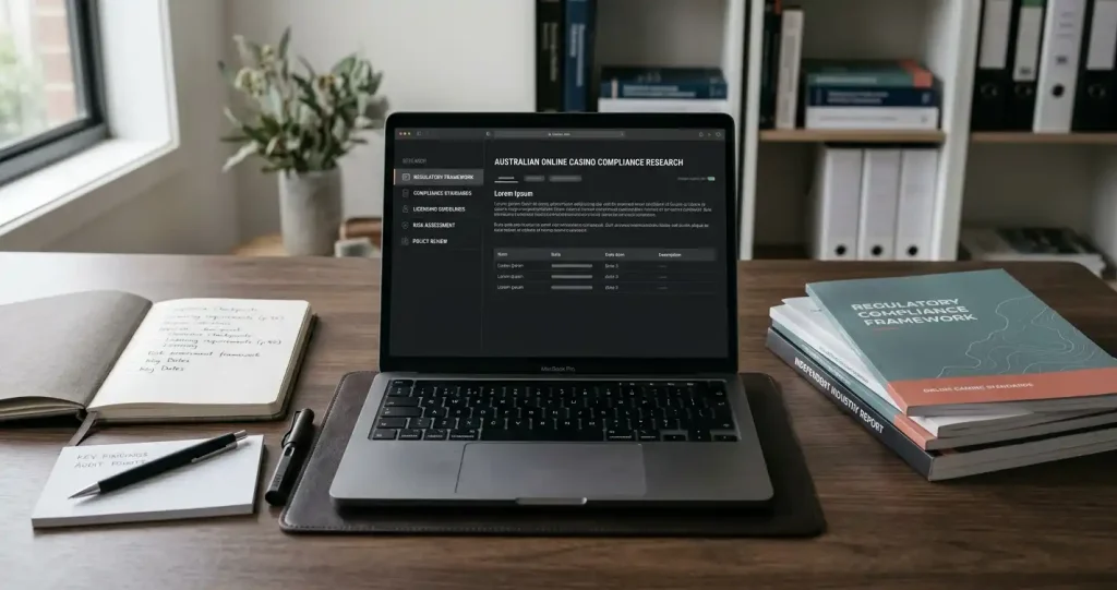 Compliance review desk with a laptop, printed documents and note cards