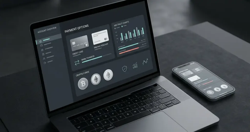 Payment dashboard with card, bank transfer and cryptocurrency symbols