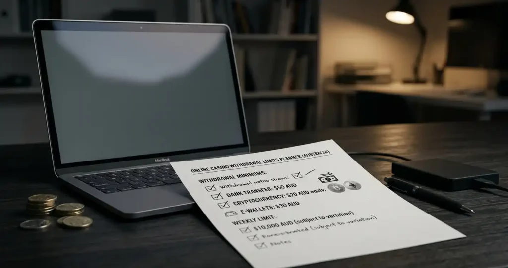 Cashout planning worksheet beside bank and cryptocurrency symbols