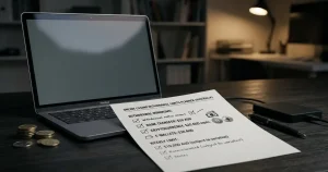 Cashout planning worksheet beside bank and cryptocurrency symbols